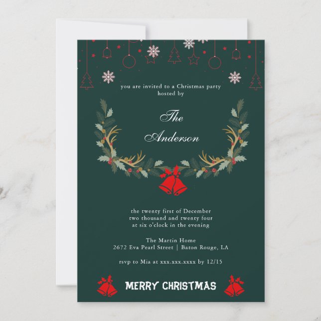 Classic Jingle Bell Floral Holiday Christmas Party Card (Front)