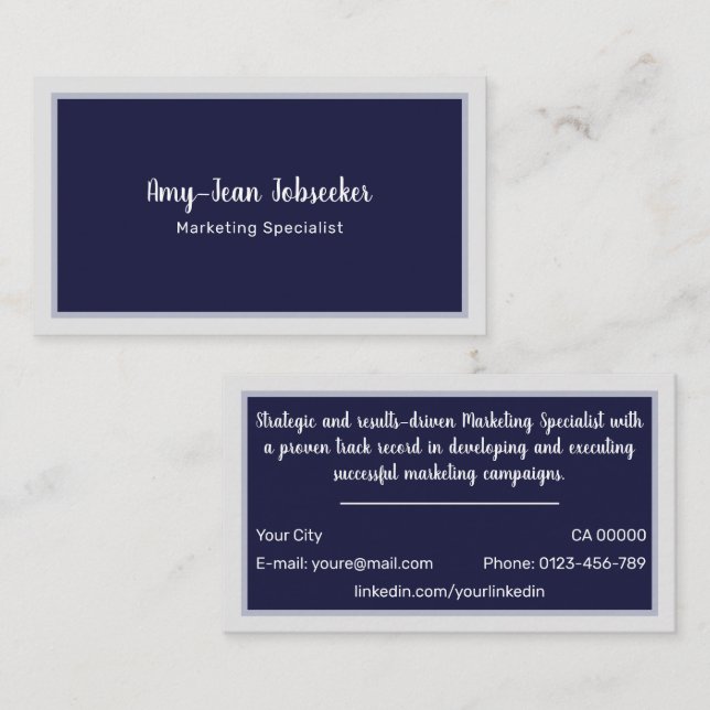 Classic Job Seeker Navy Frame Simple Minimalist Business Card (Front/Back)