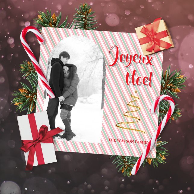 Classic Joyeux Noel Green Red Stripes Christmas Holiday Card (Classic Christmas photo holiday card to customize)