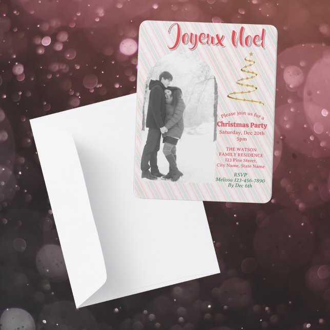 Classic Joyeux Noel Green Red Stripes Christmas Invitation (This customizable Classic Christmas Invitation Card elevates your upcoming party)