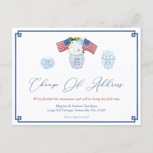 Classic July 4th Red White Blue Change Of Address Announcement Postcard - Classic red white and blue design featuring handpainted ginger jar pottery and Stars & Stripes (please note that the flowers / leaves are not by me). This is complemented by a "Greek Key" border. I've set the template up for a Change of Address but all of the text fields are customizable to your needs. You won't be able to edit the "Change of Address" font yourself (if you need this with other text, please email me to see if this is possible). You can move, delete or add text fields by entering the design tool. You can also change the contrast color of the Greek Key border on the front and the pattern on the back (shown here as a dark blue) to any color you like by entering the design tool (underneath the text customization area, click to "customize further") then changing the background color on the front.