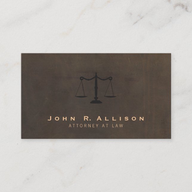 Classic Justice Scale Brown Leather Look Attorney Business Card (Front)