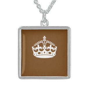 Classic Keep Calm Crown on Chocolate Brown Sterling Silver Necklace