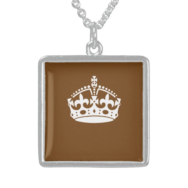 Classic Keep Calm Crown on Chocolate Brown Sterling Silver Necklace (Front)