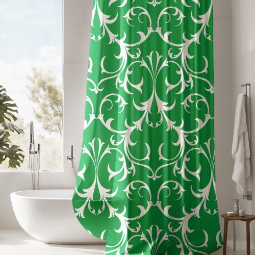 Classic Kelly Green  White Damask Floral Shower Curtain