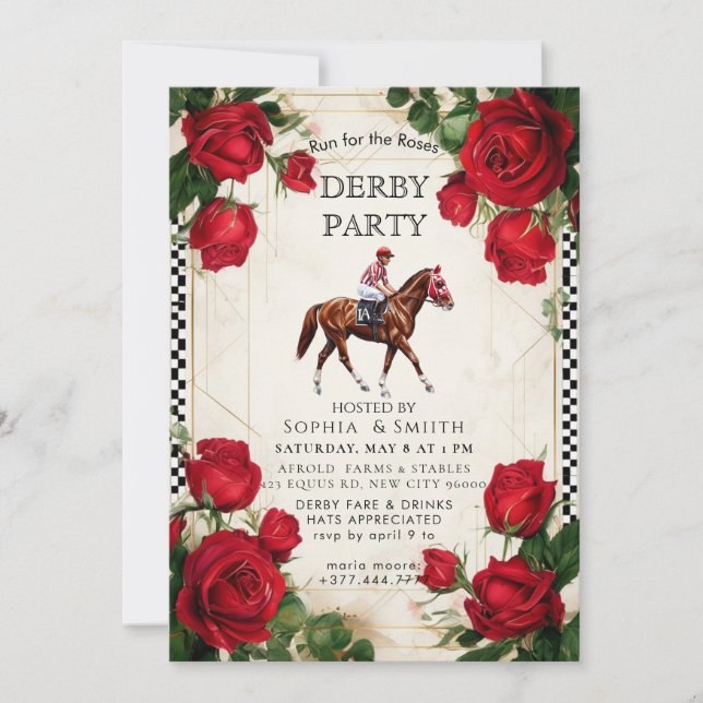 Classic Kentucky Derby Party Invitation Red Roses  (Front)