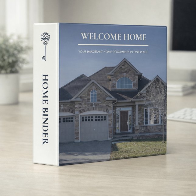 Classic Key Home Navy Real Estate Agent 3 Ring Binder (A home binder on an office desk.)