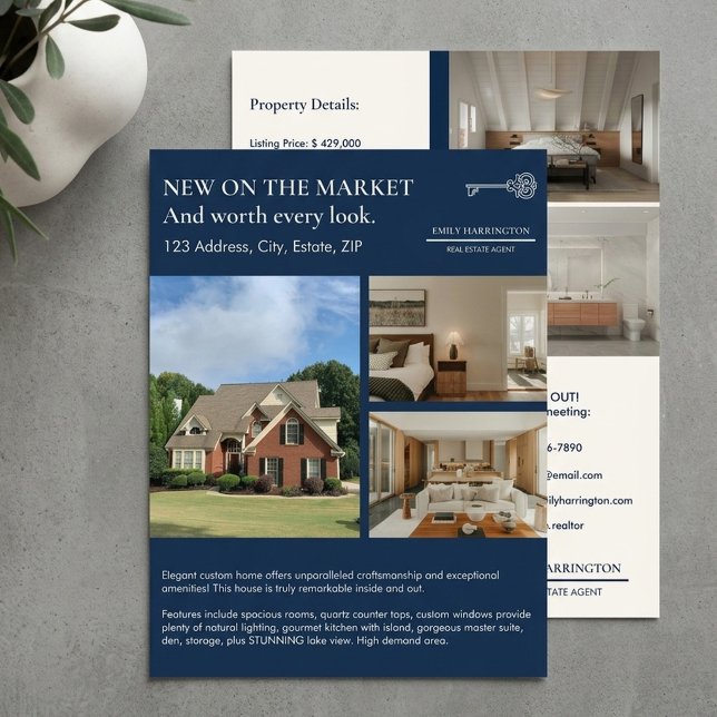 Classic Key Listing Navy Real Estate Agent Flyer (A house listing flyer on a gray desk.)