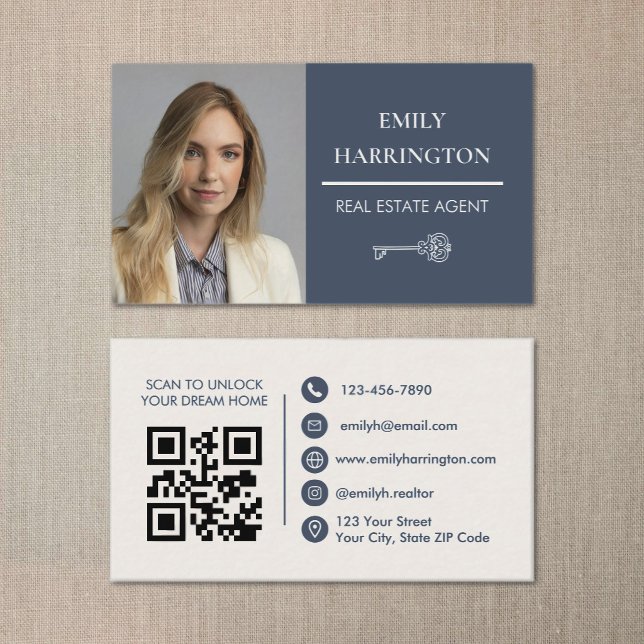 Classic Key QR Code Gray Real Estate Agent Business Card (Creator Uploaded)