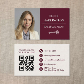 Classic Key QR Code Maroon Real Estate Agent Business Card