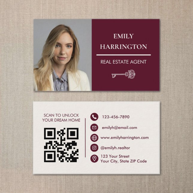 Classic Key QR Code Maroon Real Estate Agent Business Card (Creator Uploaded)