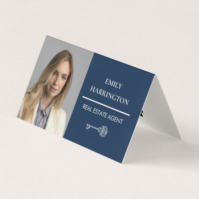 Classic Key QR Code Navy Real Estate Agent Business Card (Front)