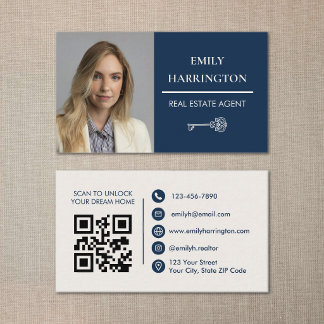 Classic Key QR Code Navy Real Estate Agent Business Card