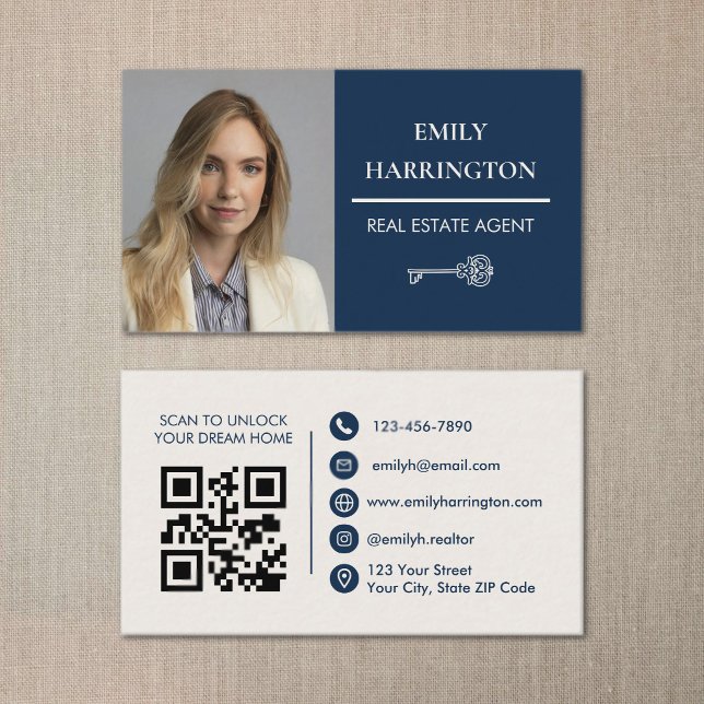 Classic Key QR Code Navy Real Estate Agent Business Card (A flat lay picture of a real estate agent business card featuring its front and back.)