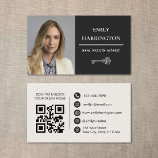 Classic Key QR Code Neutral Real Estate Agent Business Card