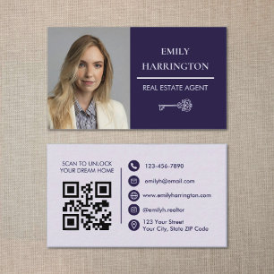 Classic Key QR Code Purple Real Estate Agent Business Card