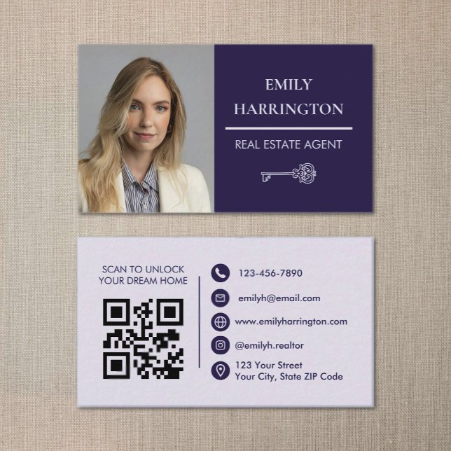 Classic Key QR Code Purple Real Estate Agent Business Card (Creator Uploaded)