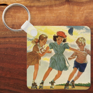 Classic Kids Having Fun Roller Skating Keychain