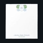 Classic Ladies Blue And Green Monogram Ginger Jar Notepad<br><div class="desc">An elegant blue, green and white design featuring a 3 letter monogram inside a crest and a blue and white watercolor ginger jar planter holding Boxwood ball topiary. The watercolor elements were originally handpainted by me in watercolors onto 100% cotton paper before being scanned and arranged / styled digitally (the...</div>