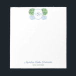 Classic Ladies Blue And Green Monogram Ginger Jar Notepad<br><div class="desc">An elegant blue, green and white design featuring a 3 letter monogram inside a crest and a blue and white watercolor ginger jar planter holding Boxwood ball topiary. The watercolor elements were originally handpainted by me in watercolors onto 100% cotton paper before being scanned and arranged / styled digitally (the...</div>
