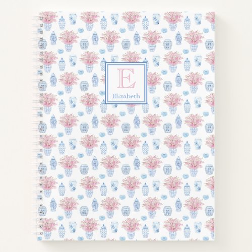 Classic Ladies Blue White Pink Ginger Jars Initial Notebook
