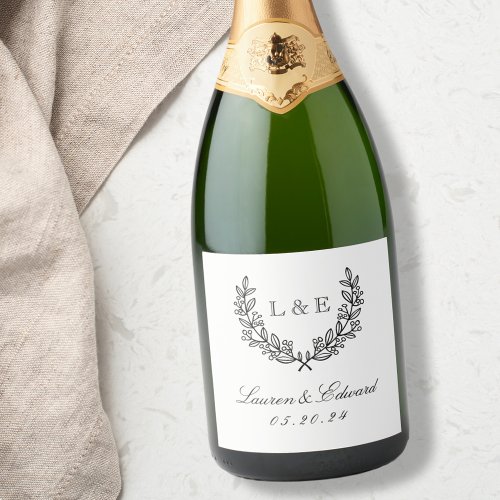 Classic Laurel Wedding Initial Monogram Sparkling Wine Label