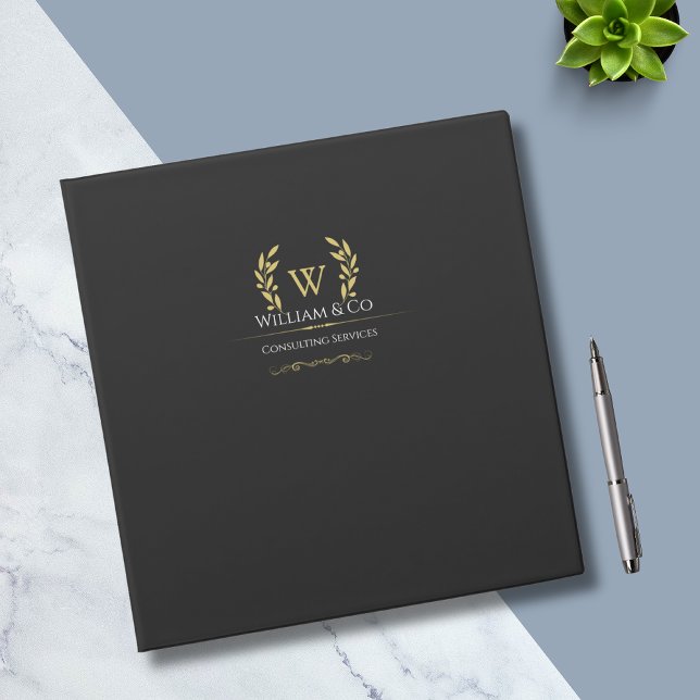 Classic Laurel Wreath Black Gold Monogram 3 Ring Binder (Creator Uploaded)