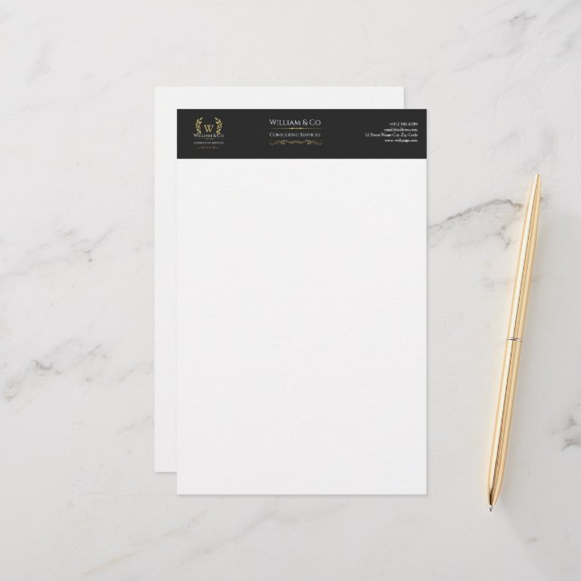 Classic Laurel Wreath Black Gold Monogram Stationery (Front/Back In Situ)
