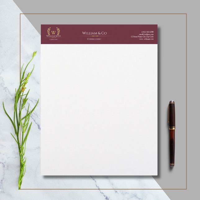 Classic Laurel Wreath Burgundy Gold Monogram Letterhead (Creator Uploaded)