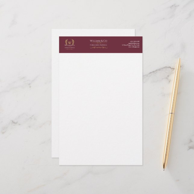 Classic Laurel Wreath Burgundy Gold Monogram Stationery (Front/Back In Situ)