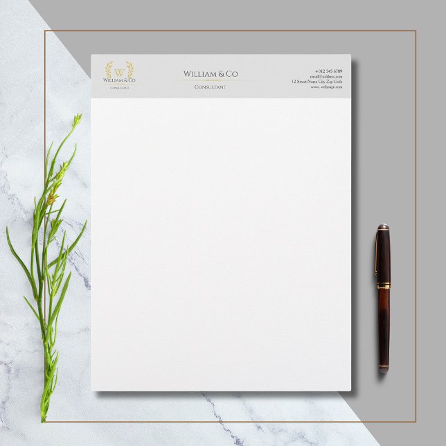 Classic Laurel Wreath Grey Gold Monogram Letterhead (Creator Uploaded)