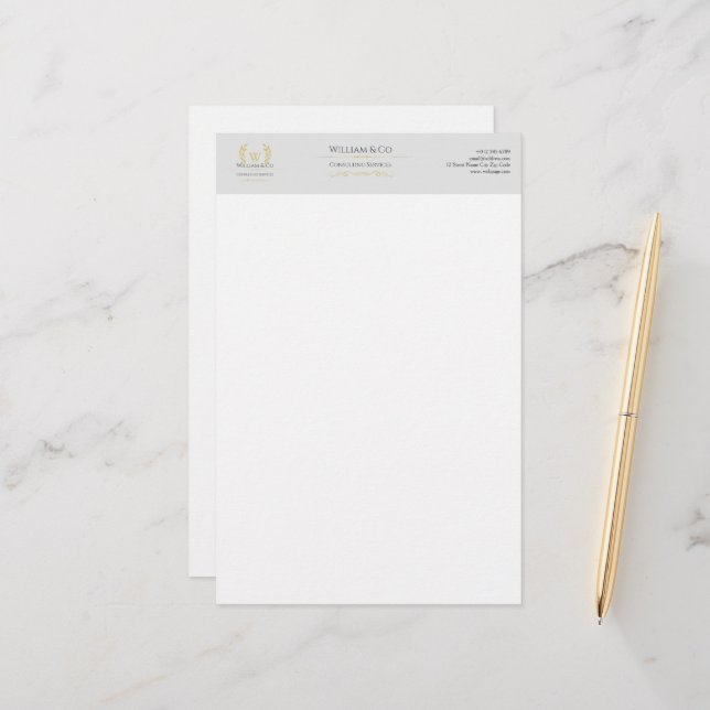 Classic Laurel Wreath Grey Gold Monogram Stationery (Front/Back In Situ)