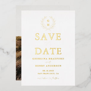 Classic Laurel Wreath Monogram Save the Date Foil Invitation