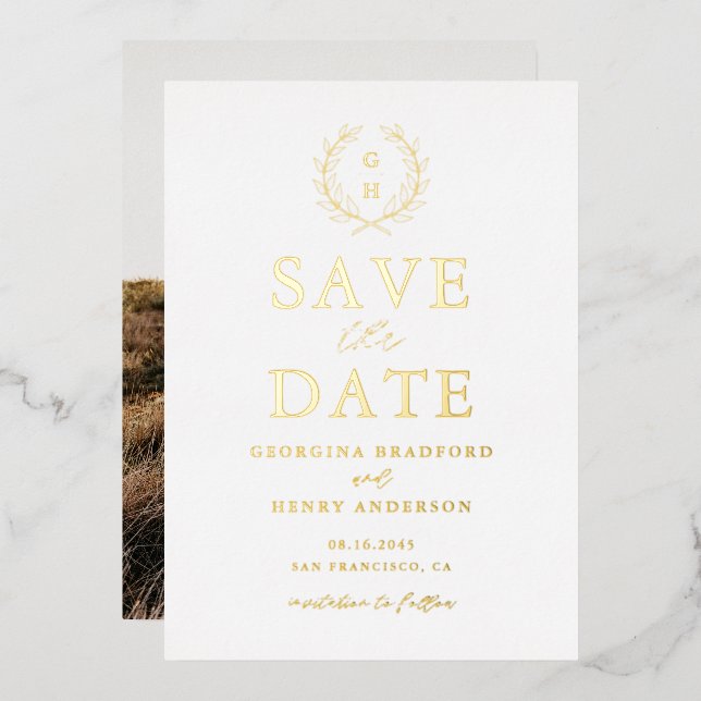 Classic Laurel Wreath Monogram Save the Date Foil Invitation (Front/Back)