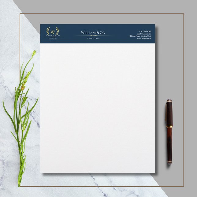 Classic Laurel Wreath Navy Blue Gold Monogram Letterhead (Creator Uploaded)