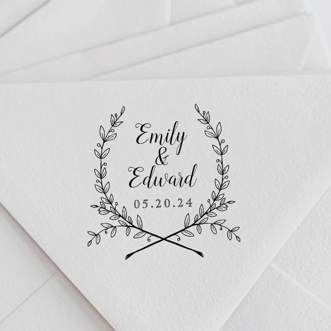 Classic Laurel Wreath Wedding Name Rubber Stamp (Creator Uploaded)