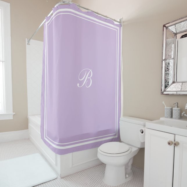 Classic Lavender Border Script Monogram Letter Shower Curtain (In Situ)