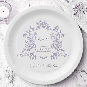 Classic Lavender Floral Crest Monogram Wedding Paper Plates
