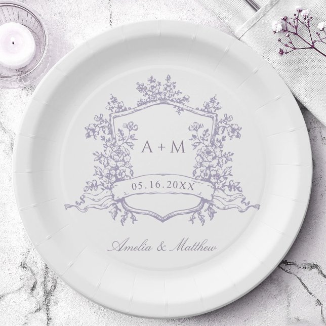Classic Lavender Floral Crest Monogram Wedding Paper Plates (Creator Uploaded)
