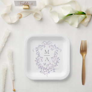 Classic Lavender Floral Crest Monogram Wedding Paper Plates