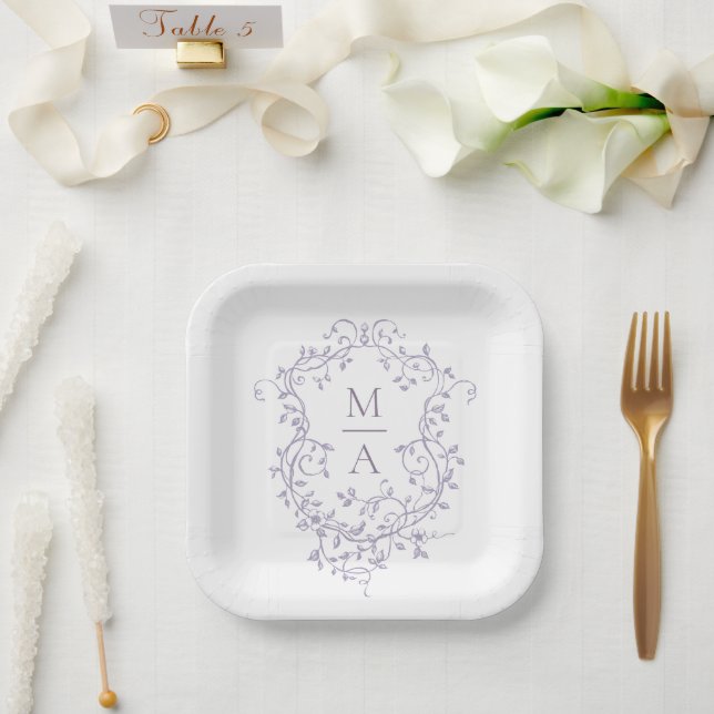 Classic Lavender Floral Crest Monogram Wedding Paper Plates (Wedding)