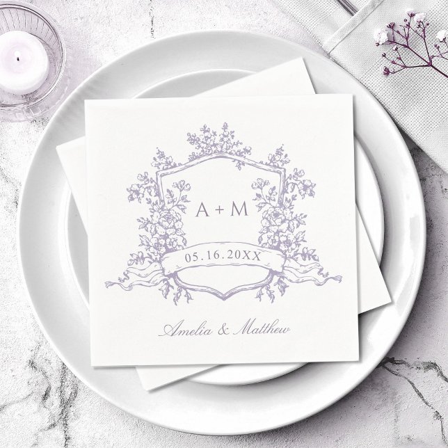 Classic Lavender Floral Crest Monograms Wedding Napkins (Creator Uploaded)