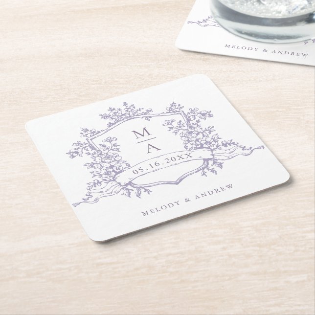 Classic Lavender Floral Crest Monograms Wedding  Square Paper Coaster (Angled)