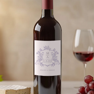 Classic Lavender Floral Crest Monograms Wedding Wine Label