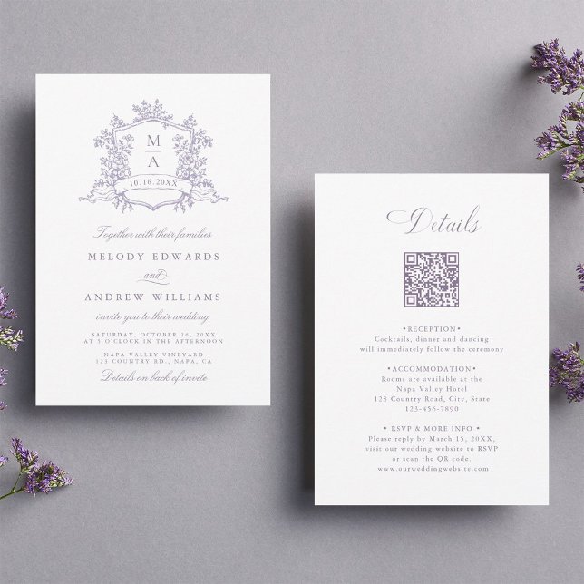 Classic Lavender Floral Crest Wedding All in One Invitation (Creator Uploaded)