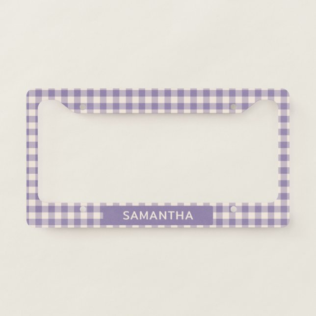 Classic Lavender Gingham Check Personalized Name License Plate Frame (Front)