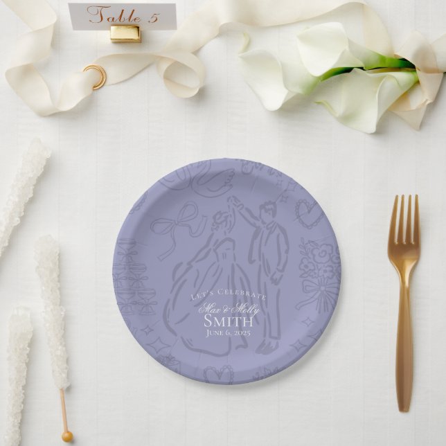 Classic Lavender Hand Drawn Wedding Sketch Art  Paper Plates (Wedding)