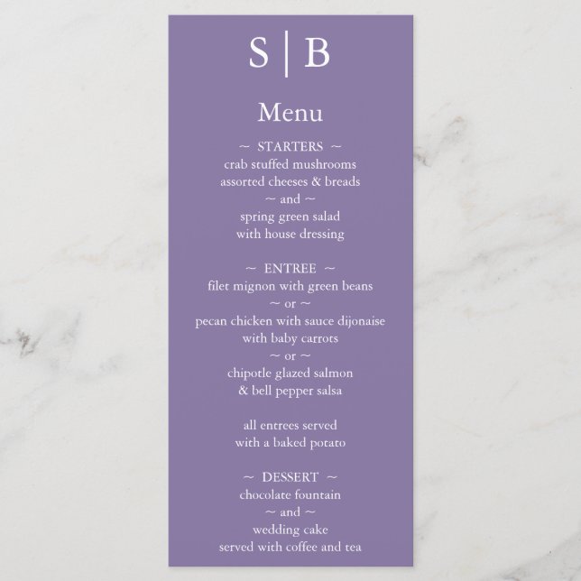 Classic Lavender Monogram Wedding Menu (Front)
