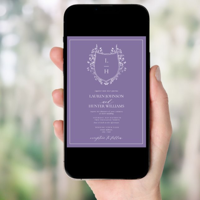 Classic Lavender Wildflower Monogram Crest Wedding Invitation (Front Digital)