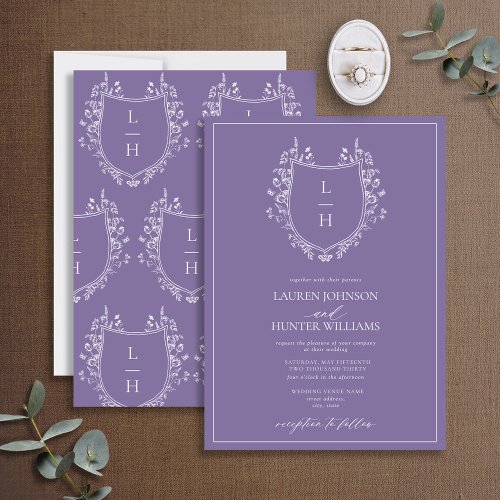 Classic Lavender Wildflower Monogram Crest Wedding Invitation